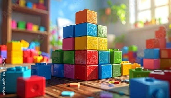 Fototapeta Realistic Colorful Building Blocks for Kids Learning and Creativity