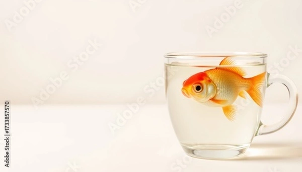 Obraz Goldfish swimming in clear glass cup on neutral background  