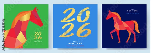 Obraz Merry Christmas and Happy New Year greeting card set. Modern Christmas design with typography, horse and festive ornaments. Happy New Year 2026 vector illustration of Year of Horse cover, poster and s
