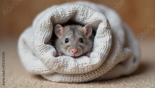 Obraz Gray hamster peeking out from knitted blanket on soft surface  