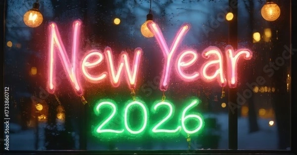 Fototapeta Bright neon sign displays New Year 2026. Bokeh lights create festive, blurred background. Festive celebration imagery.