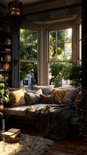 Fototapeta Cozy reading nook bathed in warm sunlight, featuring plush pillows, a soft blanket, stacks of books, and a lush garden view through a bay window