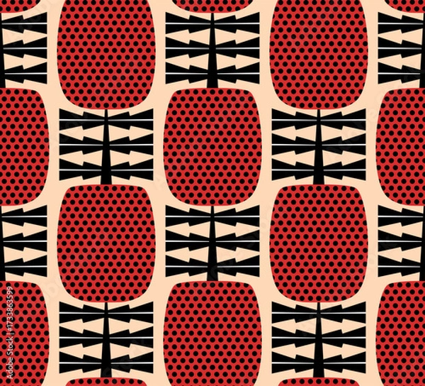 Fototapeta modern abstract geometric australian bottlebrush plant flowers in red  black beige seamless pattern, vector illustration repeat design print