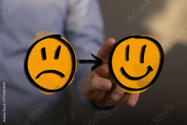 Fototapeta Conceptual image of a hand indicating a transition from a sad emoticon to a happy emoticon, symbolizing emotional well-being, improvement, and p