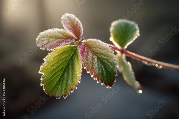 Fototapeta Frost covers the leaves of a small plant, creating a beautiful contrast between green and red hues with white crystals. The leaves are glistening.