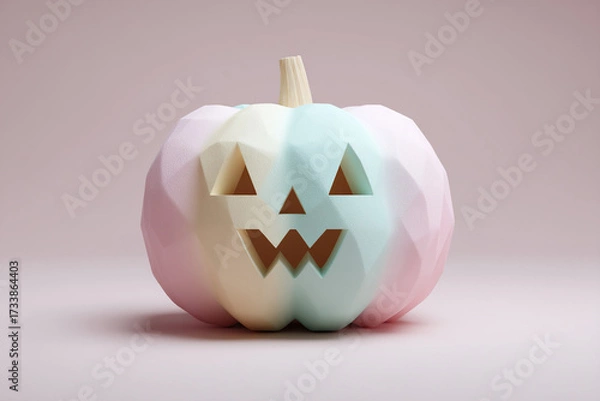 Fototapeta Pastel Halloween: A low-poly pumpkin in pink, yellow, and blue, carved with a smiling face. Fun, spooky, and colorful!