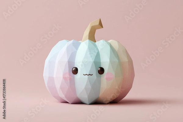 Fototapeta A geometric pastel pumpkin with a tiny smile adds a touch of modern whimsy to your seasonal decor. Simple shapes and playful design.