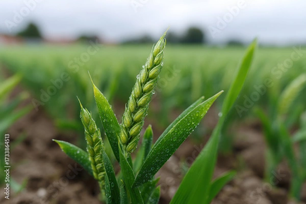 Fototapeta Close-up of young wheat plants glistening with water droplets in a field, showcasing the early stages of crop development.