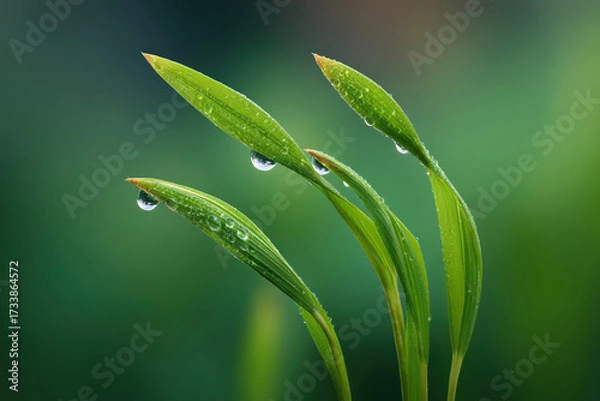 Fototapeta Delicate grass blades adorned with morning dew, showcasing nature's beauty. The water droplets add a touch of freshness and serenity.
