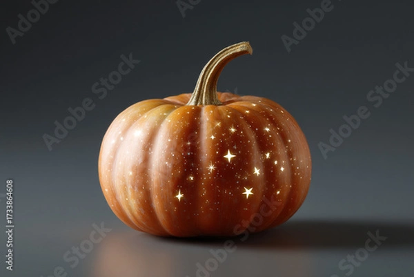 Fototapeta A festive orange gourd glows with charming starlight patterns against a smooth gray backdrop, capturing an aura of autumn enchantment.