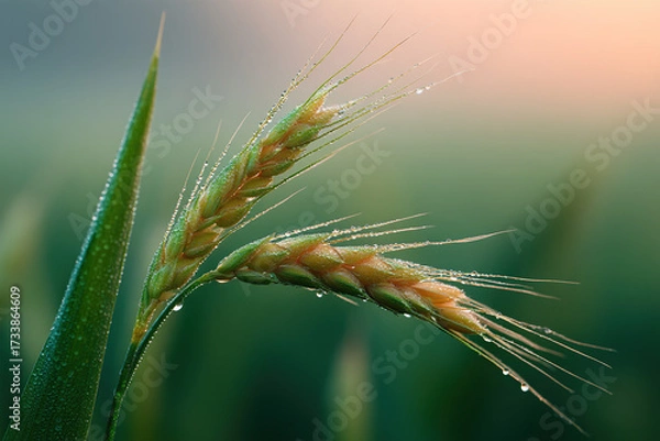 Fototapeta Close-up of golden wheat stalks adorned with glistening dew drops, evoking the beauty of nature and the promise of a plentiful harvest.