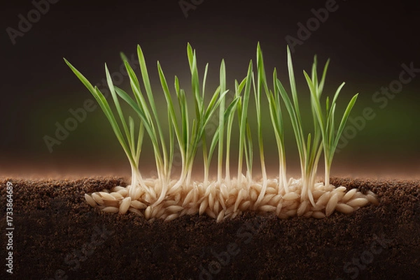 Fototapeta Emerging life: fresh green sprouts pushing through soil, seeds transforming into growth. A natural metaphor for new beginnings.