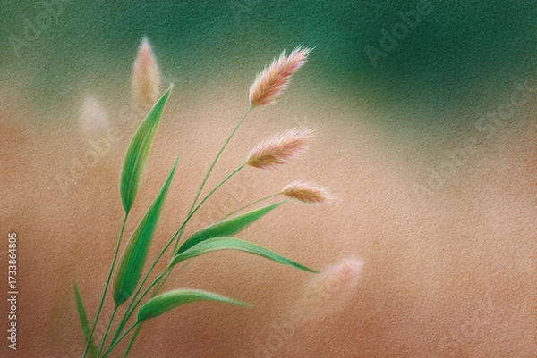 Fototapeta Delicate sprigs of wild grass in a digitally painted scene. Green blades and pink-tinged seed heads create a serene composition.