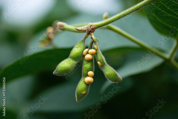 Fototapeta A detailed close-up showcases vibrant green pods bursting with round yellow soybeans, a symbol of growth, and the bounty of nature.