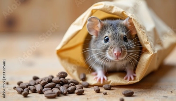 Obraz Mouse peeking out of a paper bag with coffee beans on a table  