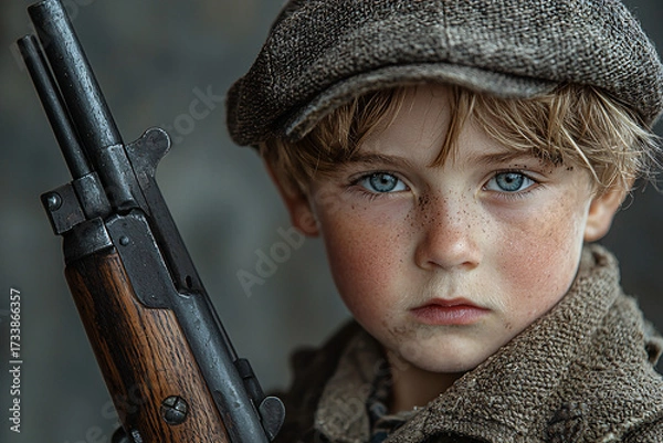 Fototapeta A poignant portrait of a young boy with striking blue eyes, wearing a cap and holding a rifle. His serious expression evokes a sense of innocence amid turmoil.