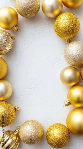 Fototapeta A Stunning Arrangement of Gleaming Gold and Silver Christmas Ornaments Creating a Decorative Frame on a White Background