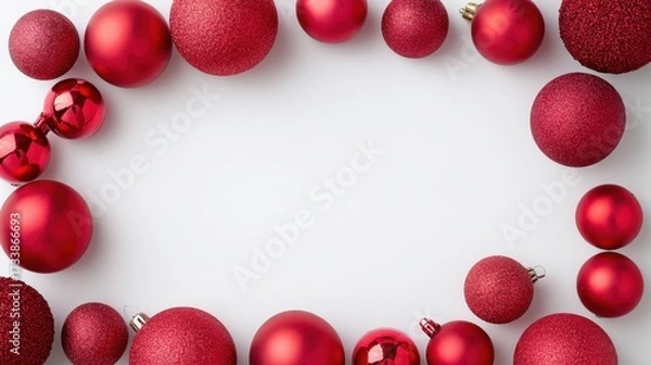 Fototapeta Festive Red Ornaments Arranged Elegantly on a Neutral Background, Perfect for Celebrating the Joy of the Holiday Season and Creating a Merry Atmosphere