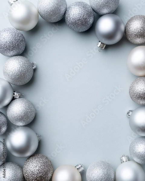Fototapeta Elegant Silver and White Christmas Ornaments Arranged in a Beautiful Circular Pattern on a Soft Blue Background for Festive Seasonal Decor