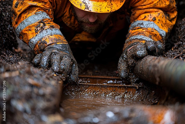 Fototapeta A worker in an orange uniform labors in a muddy trench, focused on a pipe while surrounded by wet soil. The challenging conditions showcase dedication and effort.