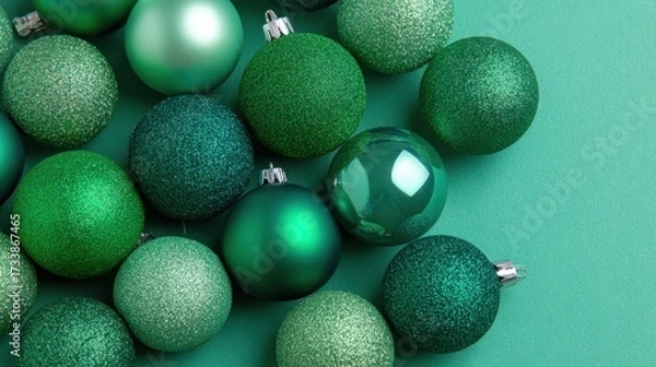 Fototapeta A Vibrant Collection of Green Christmas Ornaments Displaying Varying Shades, Textures, and Sparkling Finishes on a Soft Turquoise Background