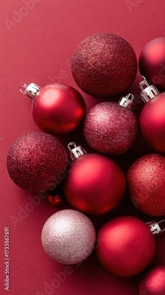 Fototapeta A Beautiful Collection of Red and Silver Christmas Ornaments on a Vibrant Red Background Perfect for Holiday Decorations and Festive Cheer