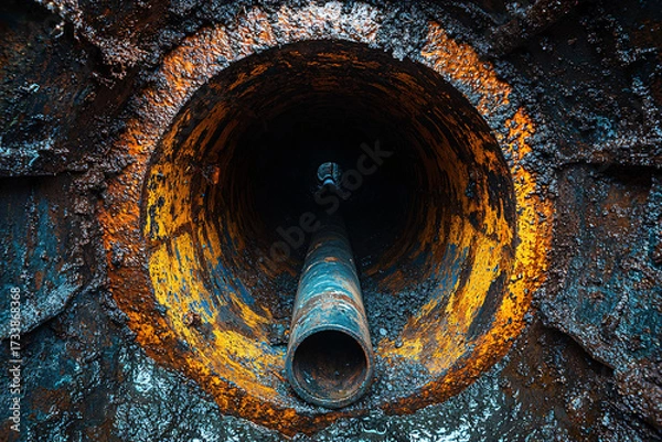 Fototapeta A close-up view of a corroded pipe, featuring vibrant rust colors and shadows, creating a striking visual effect. Ideal for industrial or abstract themes.