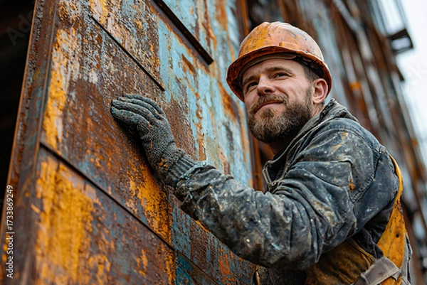 Fototapeta A rugged construction worker, wearing a hard hat and gloves, inspects a rusted metal panel. His expression shows focus and determination in an industrial setting.
