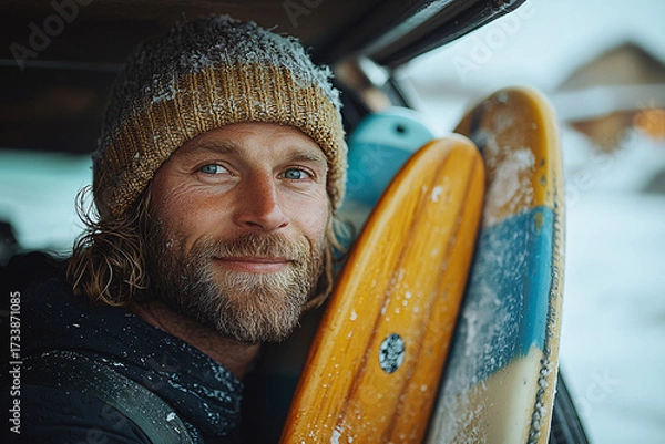 Fototapeta A smiling surfer in a warm beanie holds two surfboards inside a cozy car, showcasing a blend of adventure and winter vibes in a snowy landscape.