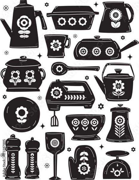 Obraz retro kitchen utelsils items  with florals in black and white vector illustration poster