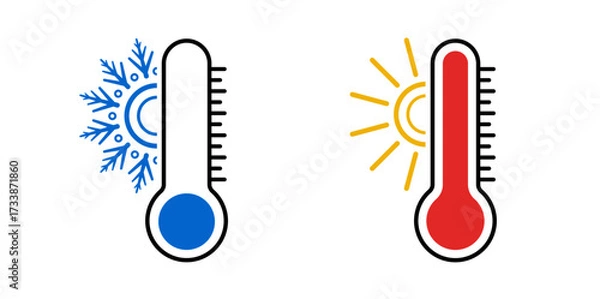 Fototapeta Abstract thermometer measure indicator set vector design with snowflake and sun symbol. Creative weather meteorology icon, summer, winter season illustration. 