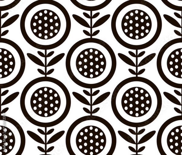 Fototapeta Abstract retro mid mod blooms flowers in black and white seamless pattern, vector illustration repeat design print