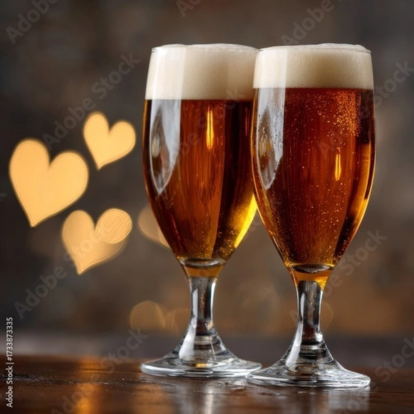 Fototapeta Two glasses of beer with heart-shaped bokeh lights. The beer is amber in color, with a frothy white head