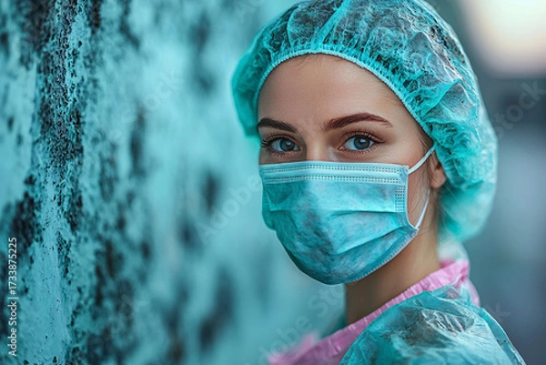 Fototapeta A healthcare worker in a mask and protective gear gazes at the camera. The teal background enhances the focus on their determined expression.