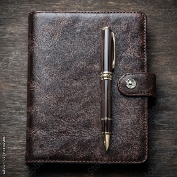 Fototapeta A leather notebook and pen resting on a wooden surface, ideal for business and personal use