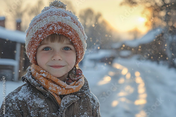 Fototapeta A cheerful child in warm winter clothing stands amidst falling snow, with a cozy backdrop of snowy landscapes at sunset, radiating a sense of joy and wonder.