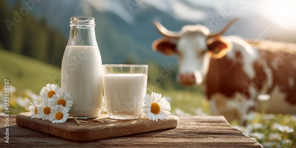 Obraz Hyper-realistic close-up of fresh milk in glass bottle and glass on wooden board with daisies, alpine cow in sunny pasture background. Perfect for natural dairy product ads. Generative Ai.