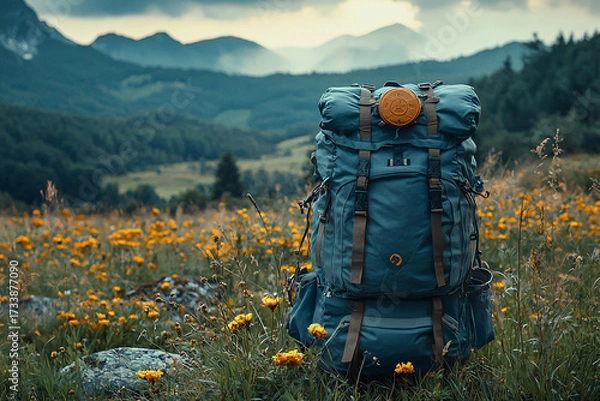 Fototapeta A rugged backpack rests in a field of vibrant flowers, surrounded by rolling hills and mountains, evoking a sense of adventure and exploration in nature.