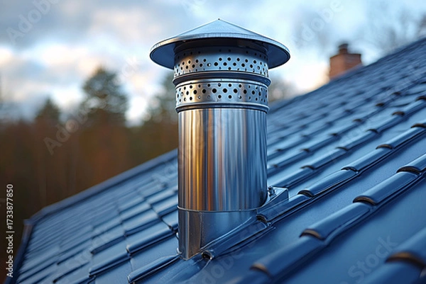 Fototapeta A close-up of a shiny metal chimney cap atop a tiled roof, reflecting the soft light of dusk. The background features blurred trees and a serene sky.