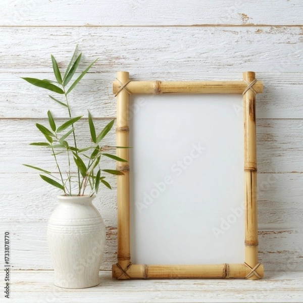 Fototapeta A serene setup: a bamboo frame and vase with bamboo leaves against a wooden backdrop