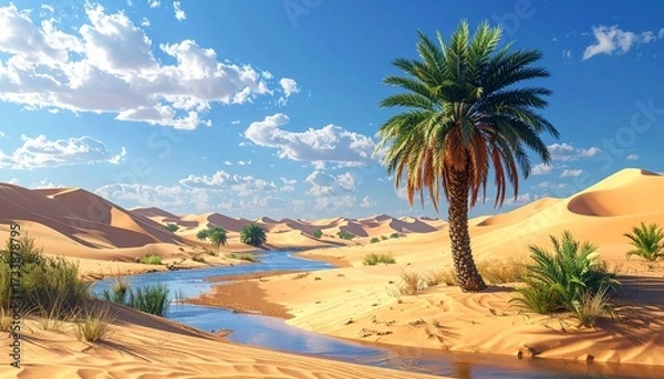 Fototapeta Realistic Date Palm Tree Oasis in Desert with Blue Sky and Sand Dunes