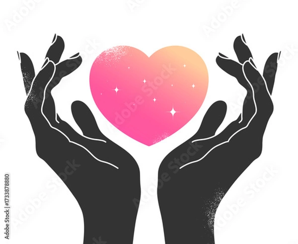 Fototapeta Celestial emblem with cupped hands holding heart. Human hands with a heart shape decorated with stars. Vector illustration