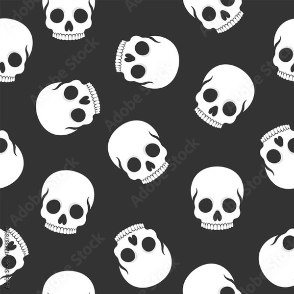 Fototapeta Human skull seamless pattern. Skull without a lower jaw on black background. Vector illustration