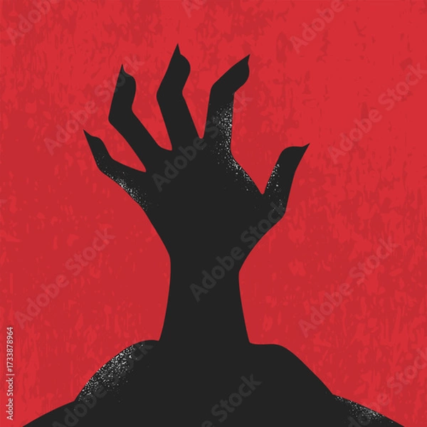 Fototapeta Silhouette of a zombie hand emerges from a grave. Living dead rises from the grave. Vector illustration
