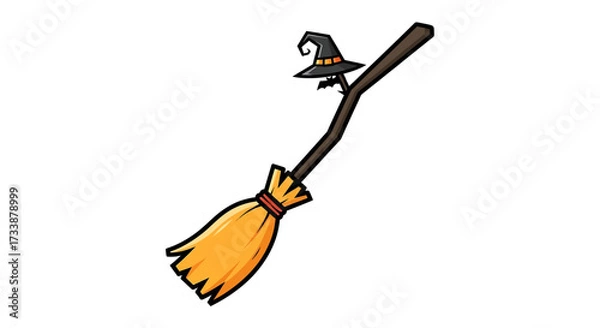 Obraz A cartoon illustration of a witch's broomstick with a small witch hat perched on top of the handle.