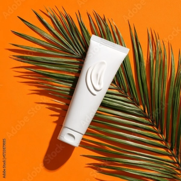 Fototapeta A skincare product tube resting on a palm leaf, with the product artfully arranged