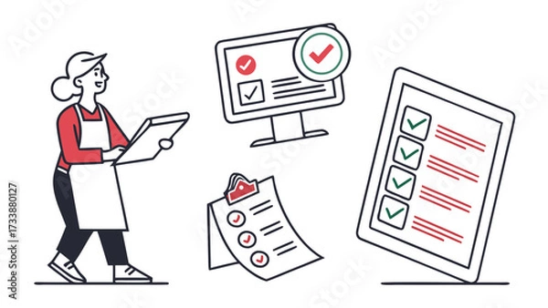 Fototapeta Woman with checklist and computer icons to-do list