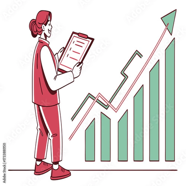 Fototapeta Woman with clipboard looking at rising bar graph and line charts