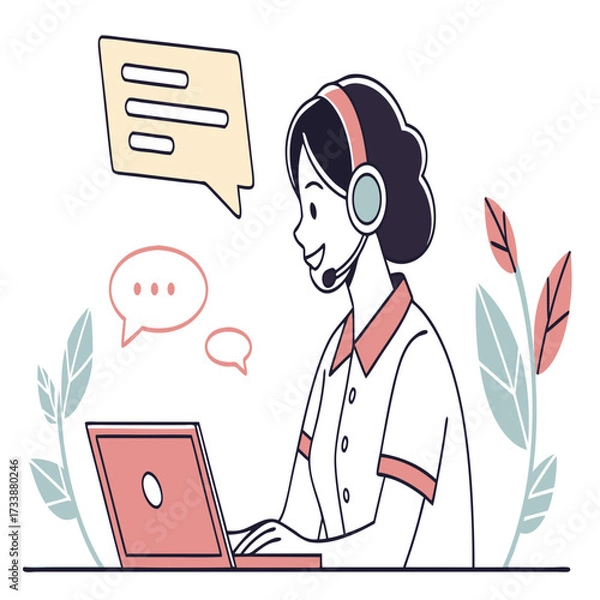 Fototapeta Woman with headset working on laptop with speech bubbles