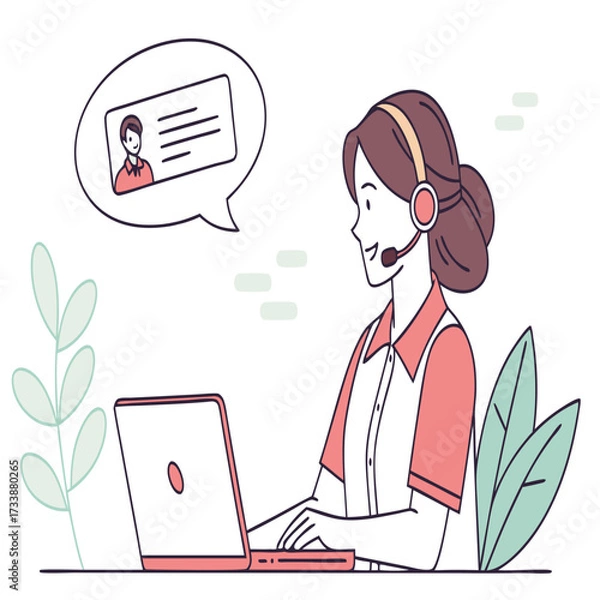 Fototapeta Woman with headset works on laptop with customer profile in speech bubble
